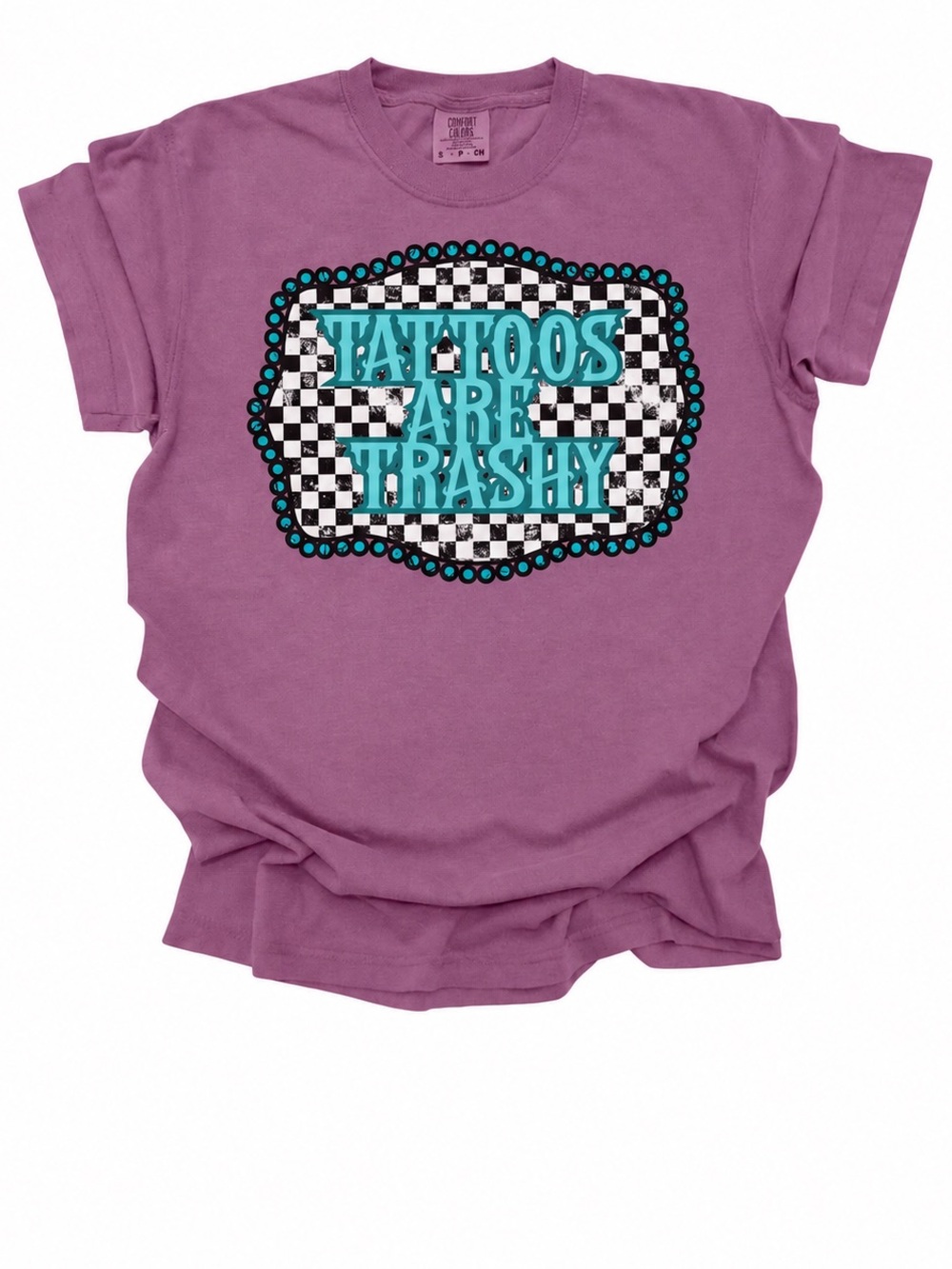 Women’s Purple Graphic Tee with Checkerboard and Teal tattoos are trashy